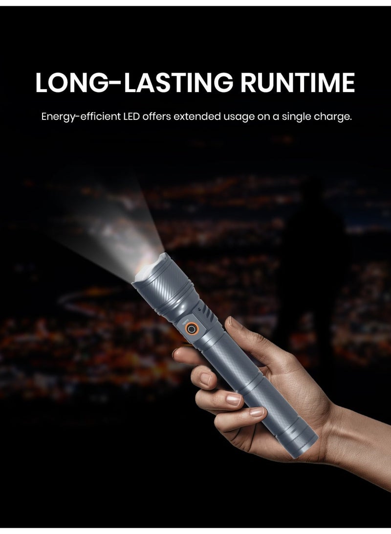 أوجيرا كشاف LED قابل لإعادة الشحن | كشاف تكتيكي فائق السطوع | سطوع عالي | بطارية 2SC قابلة لإعادة الشحن طويلة العمر | صغير ومتين | مقاوم للماء | مثالي للتخييم والمشي وحالات الطوارئ | ضمان سنتين | OG1007SL | فضي - Image 5